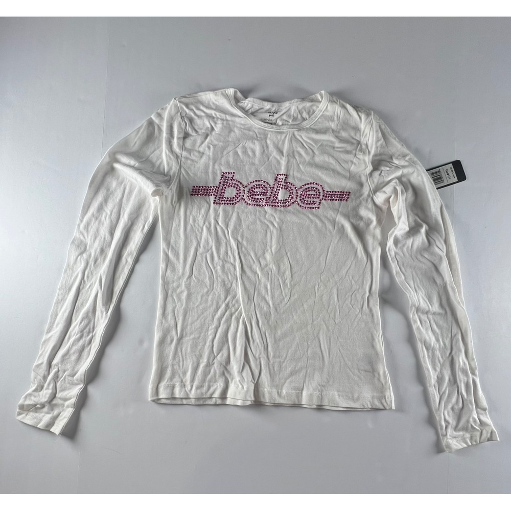 NWT Bebe Girls Long Sleeve T Shirt Rhinestone Logo White Size L‎ (14/16)